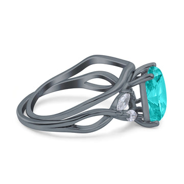 Two Piece Art Deco Emerald Cut Wedding Ring Black Tone, Simulated Paraiba Tourmaline CZ 925 Sterling Silver